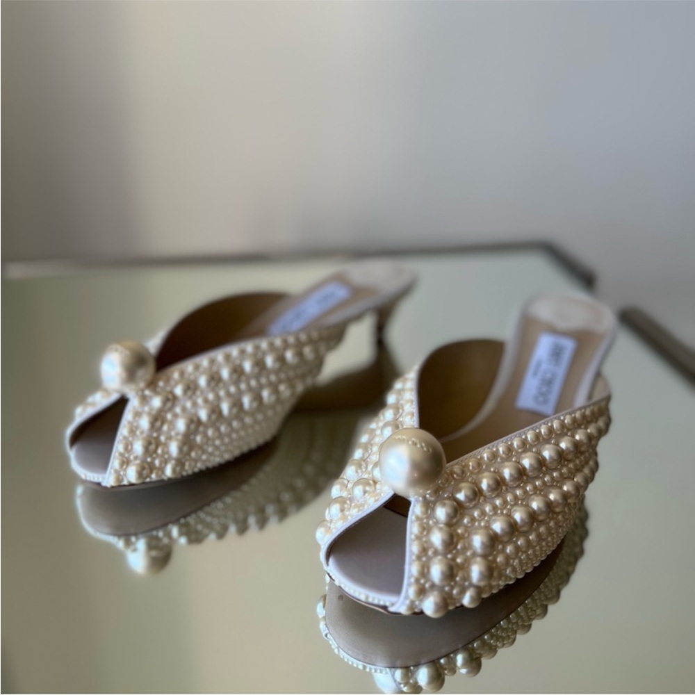 New JIMMY CHOO Samantha 35 White Satin Mules With All-Over Pearls 37 $1,895 - Picture 6 of 15